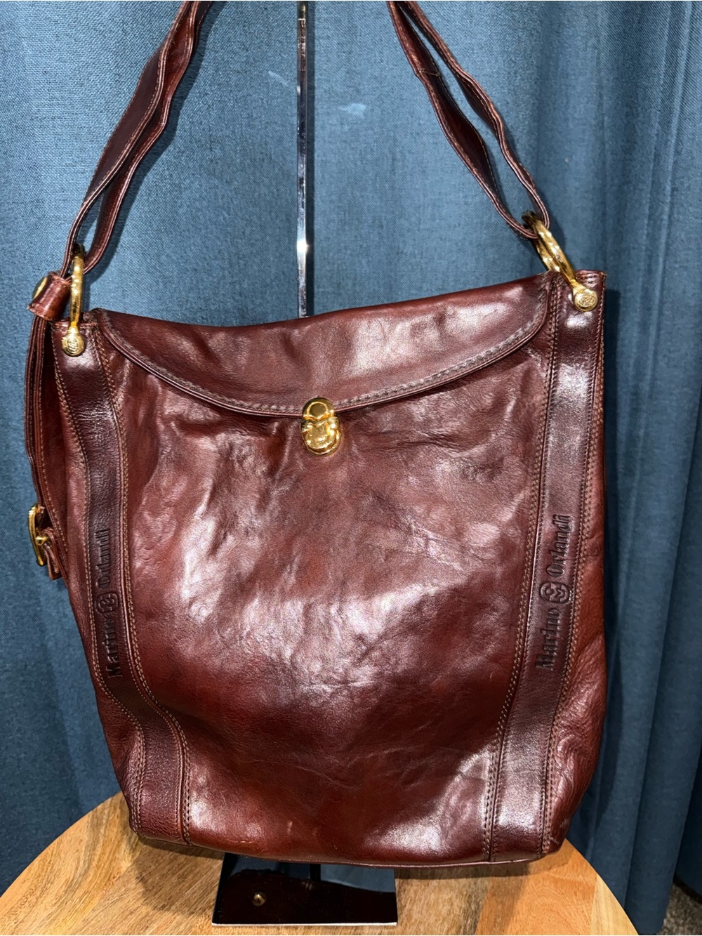 Vintage MARINO ORLANDI Leather Sling Bag Embossed Hobo Handbag ITALY BROWN